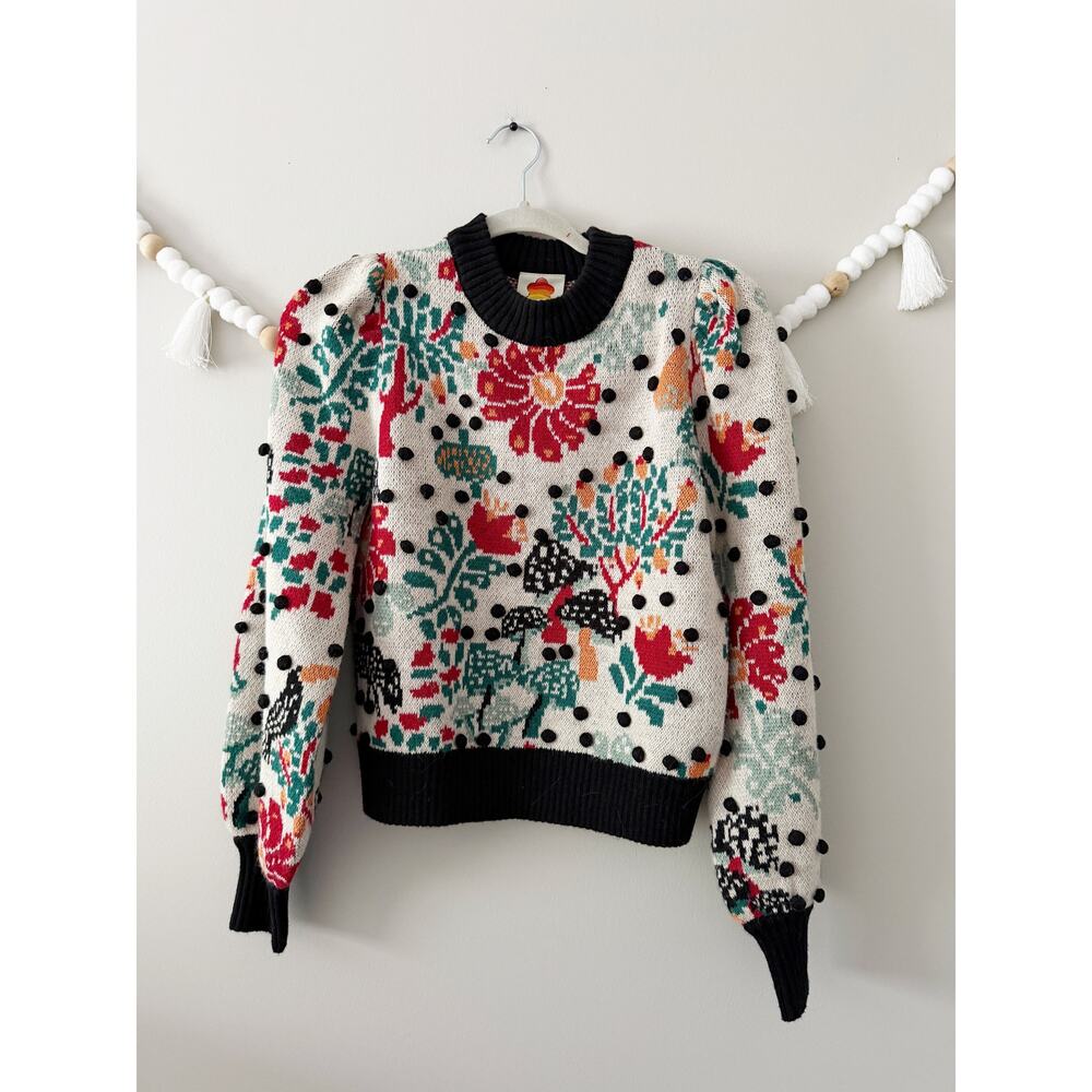 Farm Rio Mushroom Forest Puff Sleeve Knit Pullover Sweater Multi Womens Size XS - Picture 4 of 5